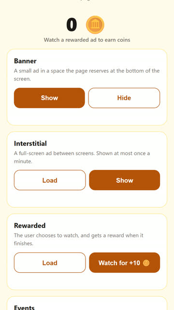 Screenshot of the Ads Demo app template