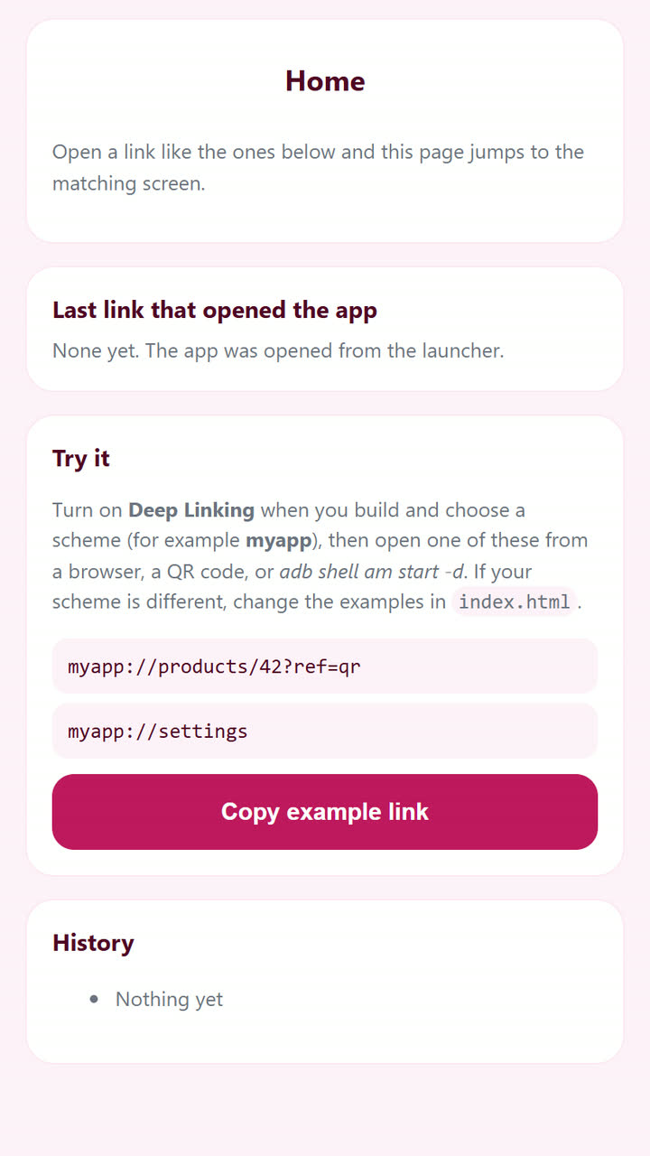 Screenshot of the Deep Links app template