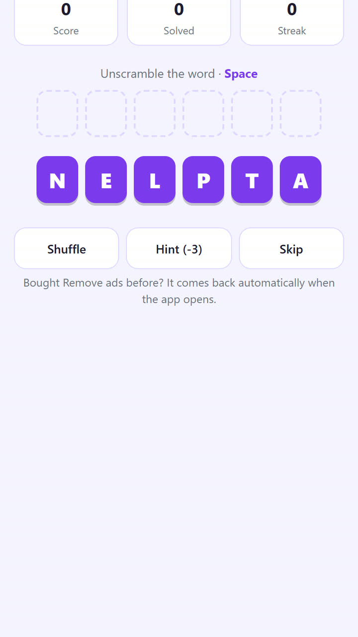 Screenshot of the Word Puzzle with Remove Ads app template