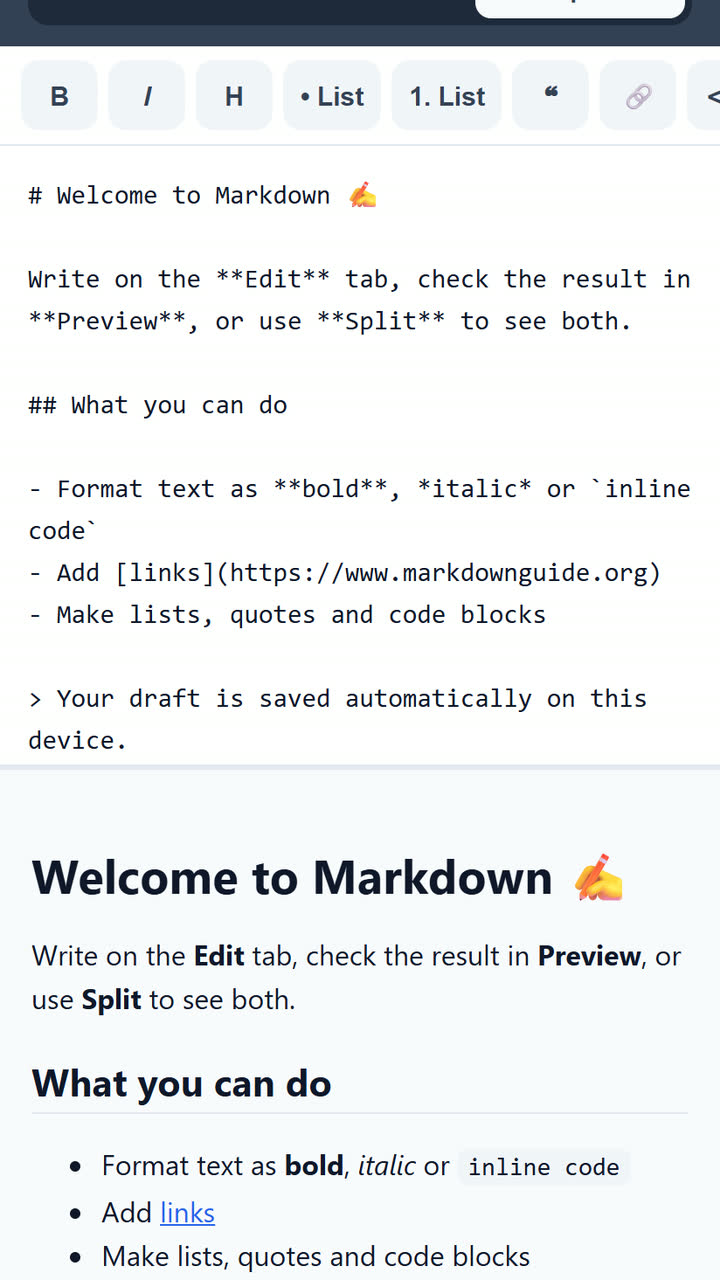 Screenshot of the Markdown Editor app template