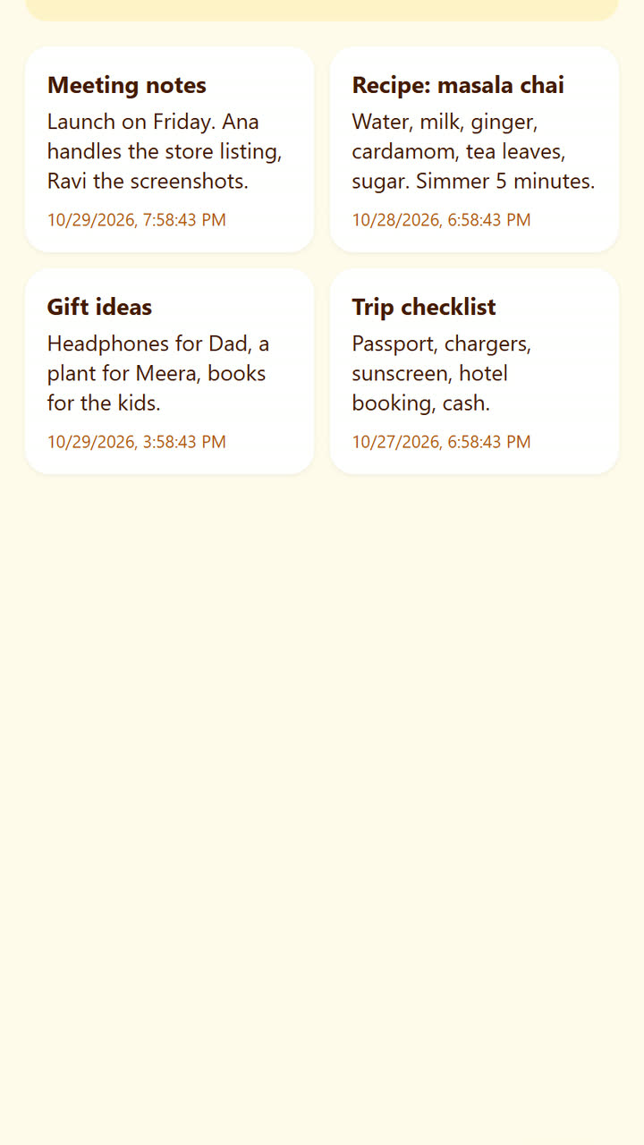 Screenshot of the Notes app template