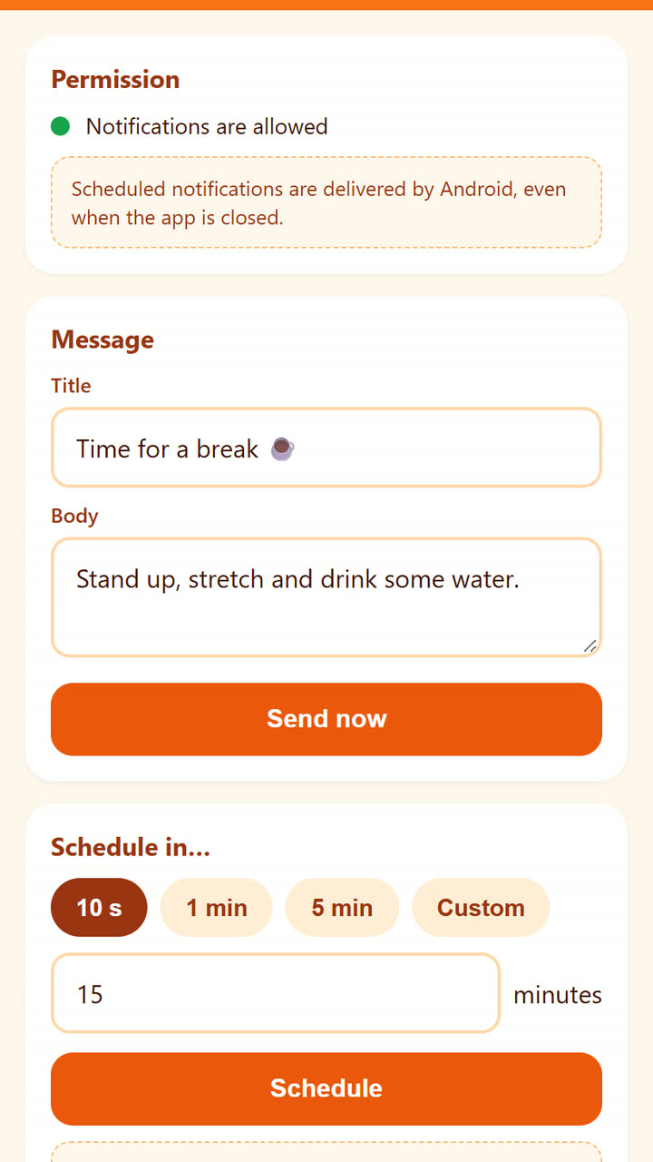 Screenshot of the Notifications app template