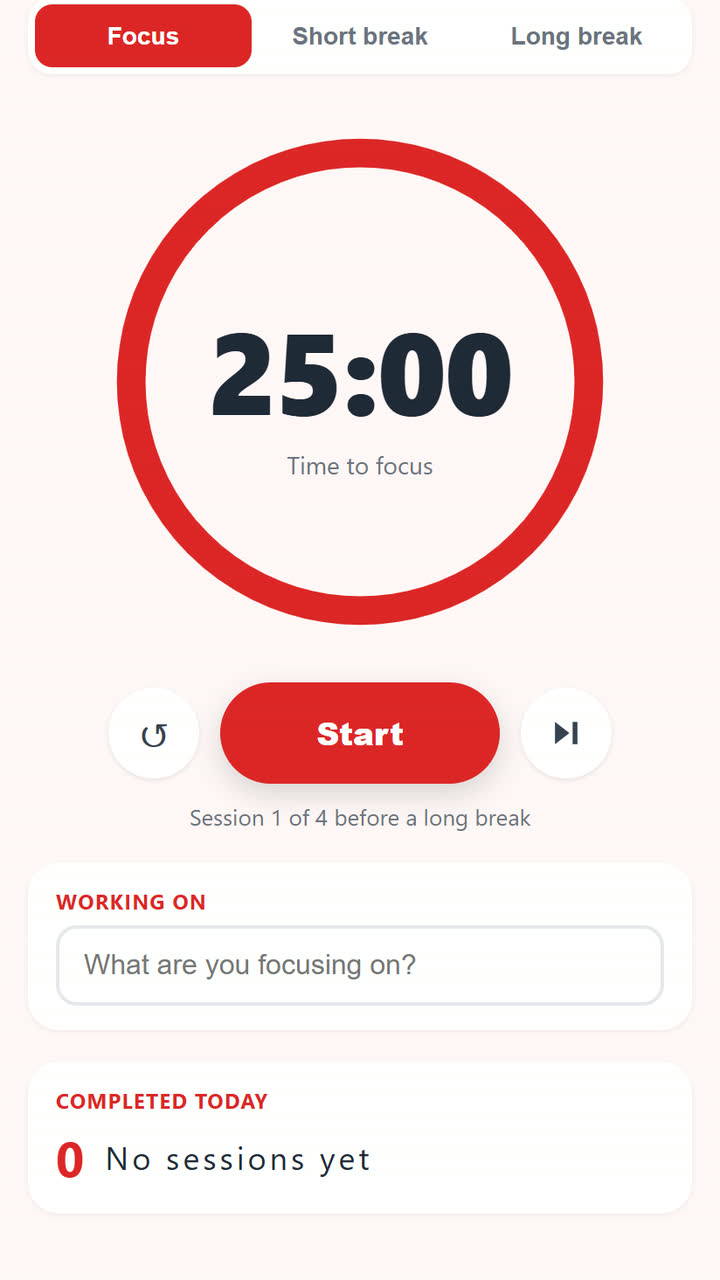 Screenshot of the Pomodoro Timer app template