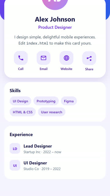Screenshot of the Business Card app template
