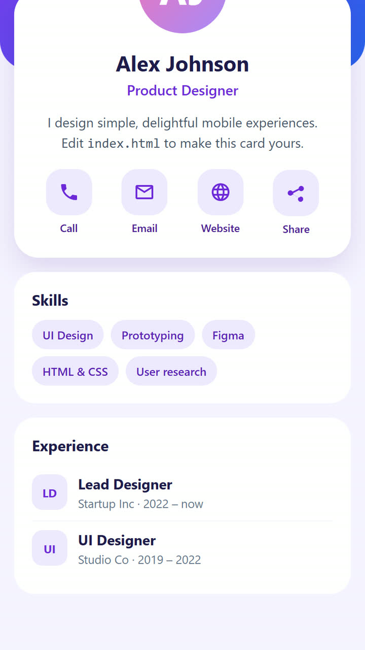 Screenshot of the Business Card app template
