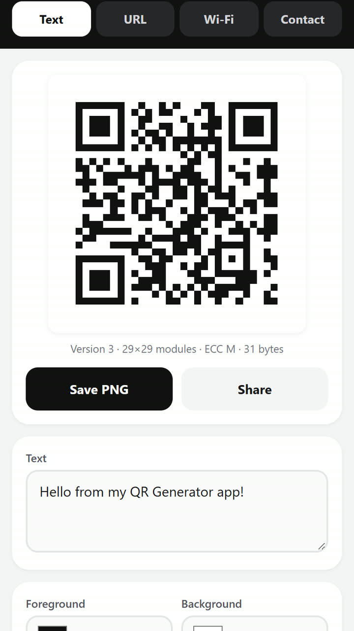 Screenshot of the QR Generator app template