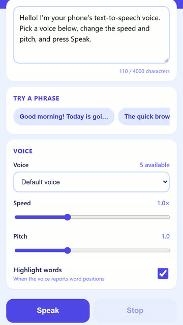 Screenshot of the Text to Speech app template