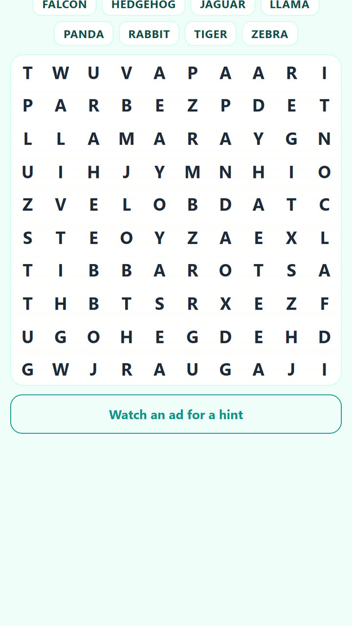 Screenshot of the Word Search game